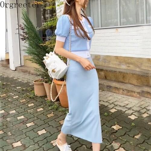 Retro Hit color O-neck Bubble Sleeve Short Sweater Cardigan and High Waist Split Long Maxi Bodycon Skirt 2 Piece Set Female