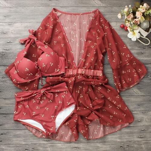 Women Red Printed Push Up Bikini Set Swimsuit with Cover-Up Sexy Summer Bathing Suit Swim Beach Wear Swimwear Female Biquinis