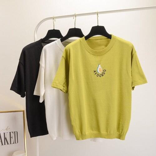 Ins Summer Delicious Avocado Embroidery T-Shirts Loose Round Neck Short Sleeve Women Knitted Top