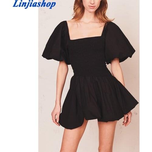 2021 summer womens pleated flower print Mini Dress Fashion Square Neck puff short sleeve womens Mini Dress