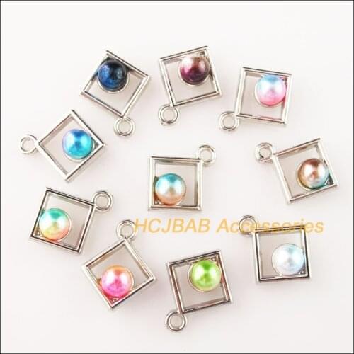 30Pcs Dull Silver Plated Square Colored Acrylic Charms Pendants 15x18mm