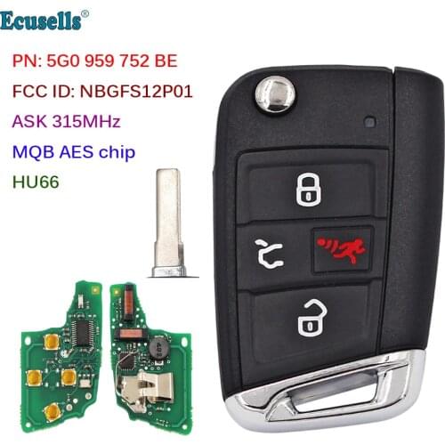 4 Button ASK 315 MHz Smart Remote Key for VW Volkswagen Golf GTI MQB AES PN: 5G6 959 752 BE HU66 FCC ID: NBGFS12P01 with Recess