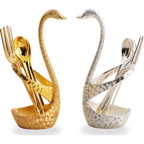 7 Pcs Swan Fruit Base Holder Forks Set Stainless Steel Salad Dessert Forks Coffee Spoon Cake Tableware Flatware Dropshipping