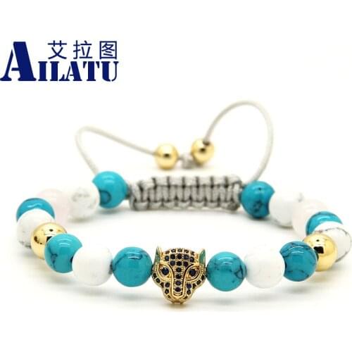 Ailatu 10pcs/lot 8mm Howlite Stone Blue Cz Leopard Head Braided European American Style Weaved Womens Bracelets