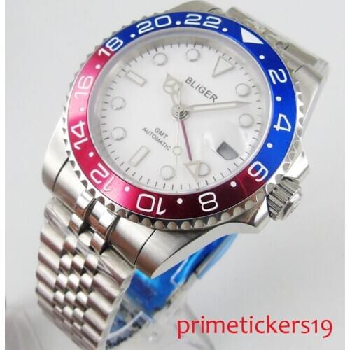 Automatic movement 40mm white dial blue red bezel date mental strap mens watch sapphire glass