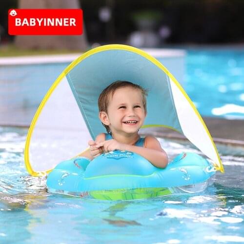 BABYINNER Baby Swimming Ring Trainer Inflatable Newborn Float Swim Pool Toy Infant Lying Floating Supplies with Sun Visor SPF50