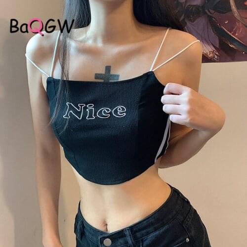 BaQGW Patcwhork Embroidery Letter Spaghetti Strap Top Sleeveless Crop Top Tee Sexy Slash Neck Cami Top Women Summer Streetwear
