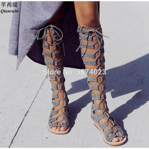 Qianruiti Summer Casual Lace up Knee High Sandals Cross Tied Gladiator Flats Boots Women Strappy Long Boots Sandals Bohemia Shoe