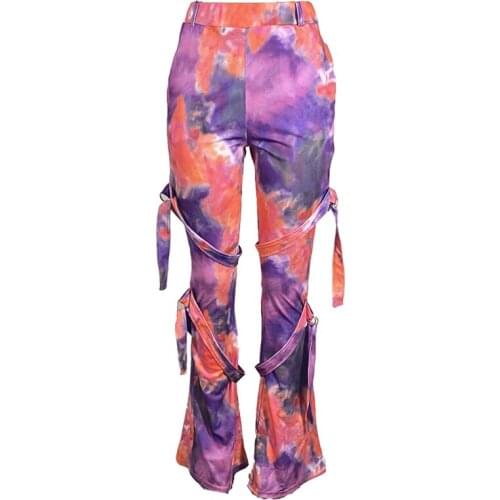 Sexy Tie Dye Print Bandage Pants Women Autumn Streetwear Stacked Sweatpants High Waisted Joggers Bodycon Flare Trousers