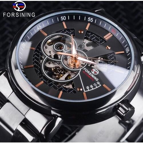 Forsining Racing Sport Clock Male Fashion Full Black Clock Stainless Steel Luminous Mens Automatic Watches Top Brand Luxury
