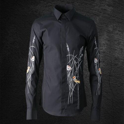 Quality black embroidery long-sleeved cotton shirt men brand fashion black shirt mens M-4XL solid shirts male tops overhemd
