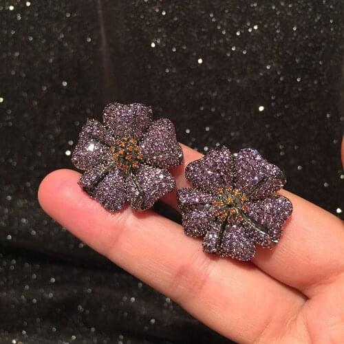 Fashion Purple Camellia CZ Earrings Zircon Crystal Stud For Women Wedding Party Gift Jewelry Luxury Rose Flower Lady