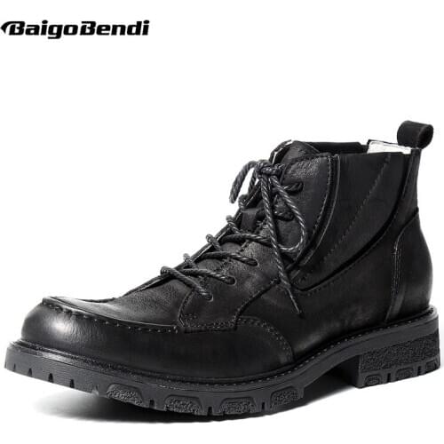 Retro Men Boots Genuine Leather Round Toe Lace Up Warm Plush Boots Soliders Riding Boots Business Man Winter Shoes