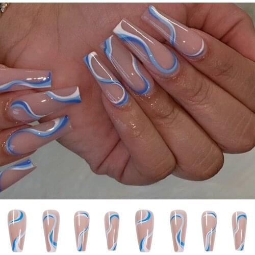 24pcs blue white Wavy lines Detachable Long Ballerina False Nails With Design Wearable Fake Nails Full Cover Nail Tips