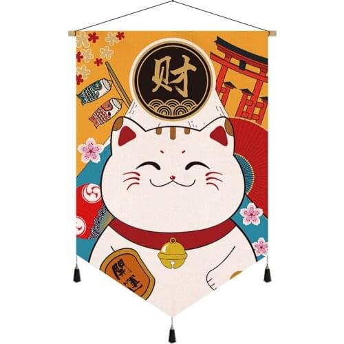 Japanese Style Lucky Cat Scroll Painting Wall Art Canvas Posters Hanging Wooden Hanging Paintings Home Room Decor Aesthetic