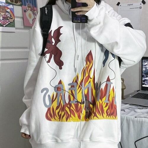 New Autumn Hoodie Women Streetwear Hoodie Harajuku Cartoon Flame Print Hoodie Cotton Loose Hooded Pullover Vintage Man Hoodie