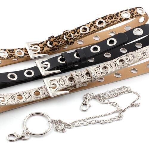 2020 New Womens Punk Rock Leopard Snakeskin Print Waistband Belt with Chains Woman Cowgirl Grommet Eyelet Belts for Women Jeans