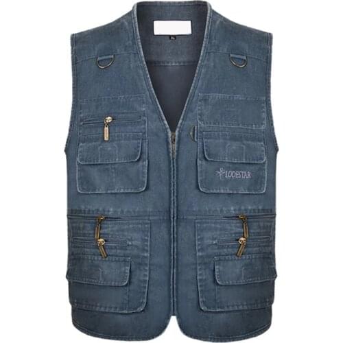 Plus Size 7XL 8XL Male Casual Summer Cotton Denim Vest Mens Sleeveless Jacket Multi Pocket Photograph Waistcoat chaleco hombre