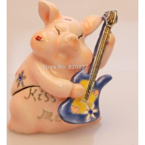 Pink Pig Playing Guitar Trinket Ring Jewelry Box Lovely Metal Pig Box Crafts Birthday Gifts
