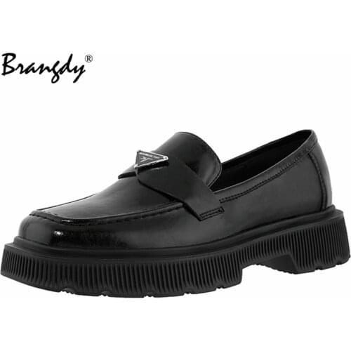 Brangdy Genuine Leather Mid Heel Pumps Women Round Toe Loafers Shoes Thick Heels Metal Decoration Casual Footwear Spring 2021