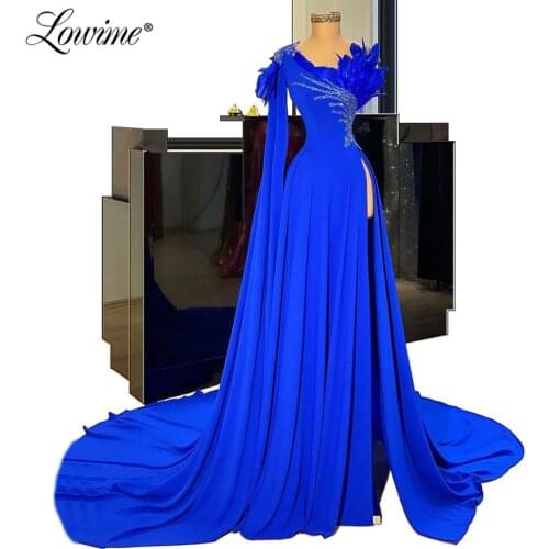 Royal Blue One Shoulder Evening Dresses Feather Beaded Arabic Islamic Dubai Formal Kaftans Robe De Soiree Prom Party Dress Gowns
