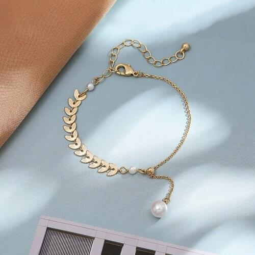 Drop Bracelet Faux Pearl Adjustable Leaf Link Bracelet Pendant Charm Bracelet Charm Bangles Fashion Party Jewelry Gift