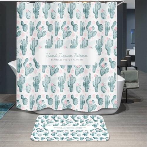 Waterproof Shower Curtain Cartoon Cactus Pattern Polyester Mould Proof Bathroom Bath Curtain With Hooks