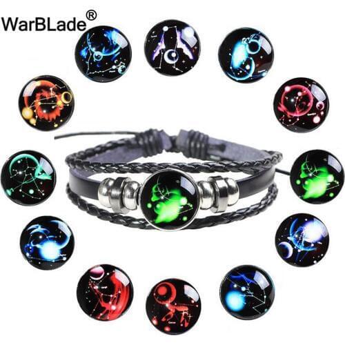 WarBLade New 12 Constellations Bracelets Bangle Fashion Punk Leather Bracelet Zodiac Signs Wristband Charm Jewelry For Men Women