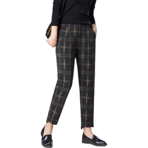 Womnes Cropped Pants For Autumn Winter High Waist British Pattern Thicken Warm Plaid Harem Pants Casual Feet Trousers Plus Size