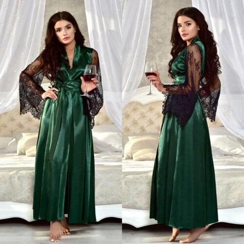 Green Bridal Robes with Black Lace Silk Satin Wedding Sleepwear Bathrobes Nightgowns Robe Women Boudoir Dresses Kimono