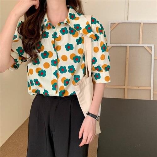 Vintage shirt womens summer 2021 new Korean doll neck loose and versatile short sleeved cardigan top