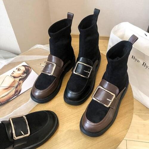 British Style Boots Women Flat Leather shoes 2021 Autumn Winter New Buckle Stretch Stovepipe Socks Boots Women Crawlers Footwear