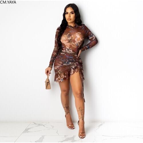 CM.YAYA Aesthetic Print Sexy Women Party Dresses Stacked Long Sleeve Strap Drawstring Ruched Clubwear Bodycon Ruffles Mini Dress
