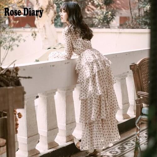 2021 Spring Dot Printing RoseDiary Women Layered Dress Elegant Ladys Plus Size V-neck Lantern Sleeve Cascading Ruffles Dresses