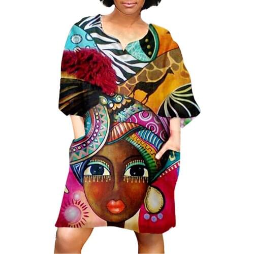 African Above Knee Dresses For Women 2021 Lady Vintage Print Middle Sleeve V Neck Casual Mini Dress Straight Harajuku Sukienka