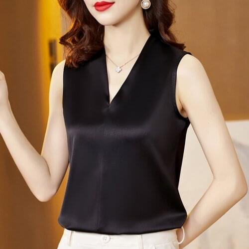 AOSSVIAO Women Silk Tanks 100% Real Silk Satin Sleeveless Solid Tank Tops 2021 Summer Elegent Vests V-neck Tops