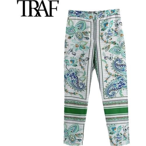 TRAF Women Chic Fashion Side Pockets Paisley Print Pants Vintage High Waist Zipper Fly Female Ankle Trousers Mujer