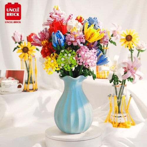 MOC Ideas Flowers Bouquet Romantic Rose Flower Free collocation Building Blocks Bricks Home Decoration Toys Girl Birthday Gifts