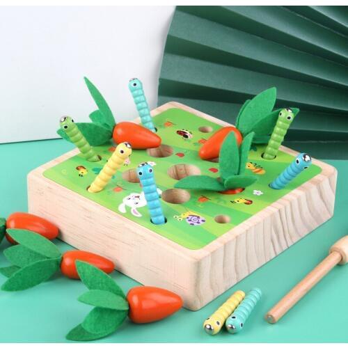 Wooden toys Montessori Pulling radish and catching insects cognition match game puzzle wooden Toys For Children Gift