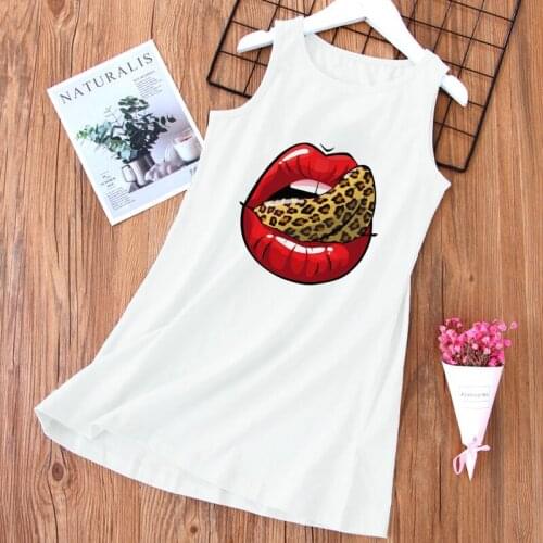 Children Clothes Girl Kids Dresses For Girls Crew Neck Summer Dress Girl Kawaii Leopard Print Sexy Lips Printing Baby Girl Dress