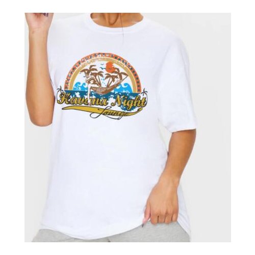 1pcs White Tees Summer Casual Oversized Tee Hawaii Night Santa Monica California Womens Retro Style T-Shirt Vacation Beach Shirt