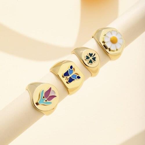 4 Pieces Daisy Butterfly Ring Shiny Open Rings Dripping Oil Golden Womens Ring Design Flower Fashion Ring Jewelry