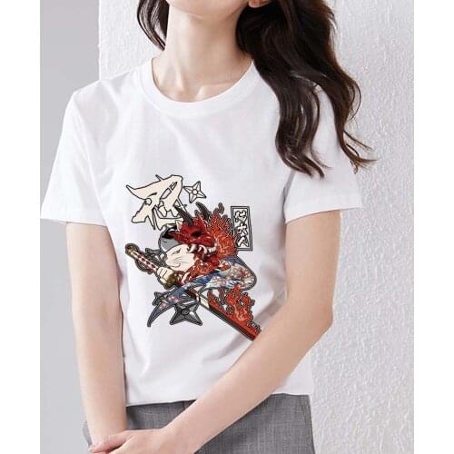Summer Fashion Womens All-match T-shirt Japanese Samurai Pattern Printing Series Top Round Neck Comfortable Polyester Soft Top