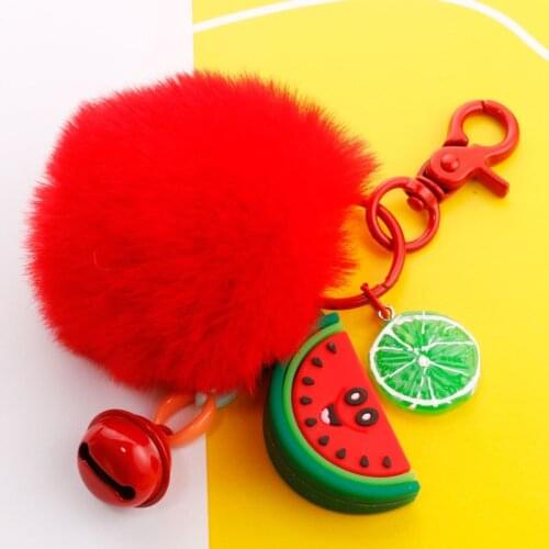 Cute Fluffy Pompom Keychain Women Girl Resin Watermelon Avocado Fruit Key Chain Faux Fur Bag Charms Pendant Key Ring Accessories