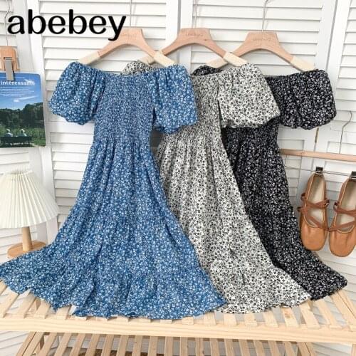 Fashion slash neck puff sleeve Dress high waist pleated Ruffles patchwork print mid-length A-line Dress 2021 New Summer