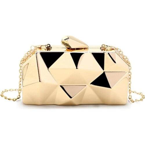 Fashion Handbags Women Metal Clutches Hexagon Mini Party Black Evening Purse Silver Bags Gold Box Chain Shoulder Bag Top Quality