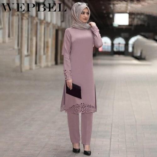 WEPBEL Muslim Women 2 Piece Set Outfits Long Sleeve Solid Robe Two Piece Set Top and Pants Arab Dubai Ramadan Islamic Clothing