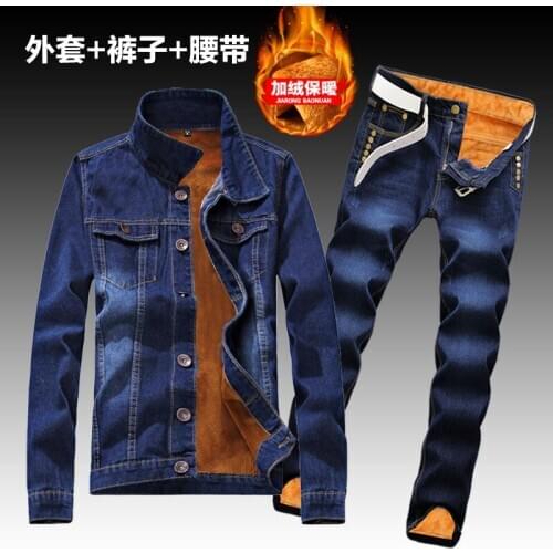 New mens Denim coat mens winter Plush thickened jacket pants suit high school students warm