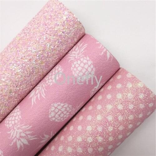 Onefly 21X29CM Pink Glitter Leather, Dots Pieapple Printed Synthetic Leather Fabric Sheets For Bow DIY handbags shoes AQ040
