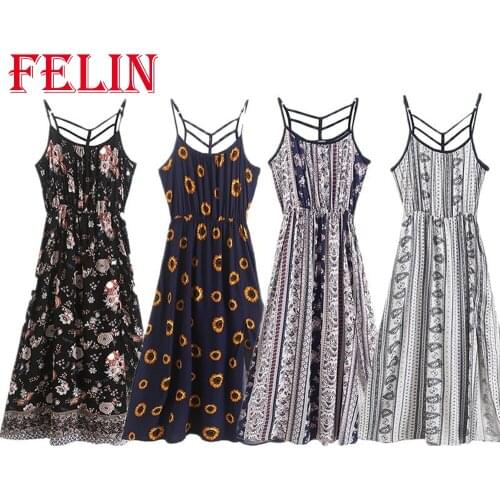 FELIN Za Fashion Women French Niche Strap Dress Floral Printed Rayon Summer Female Sleeveless Elegant Plus Size Mujer Vestidos